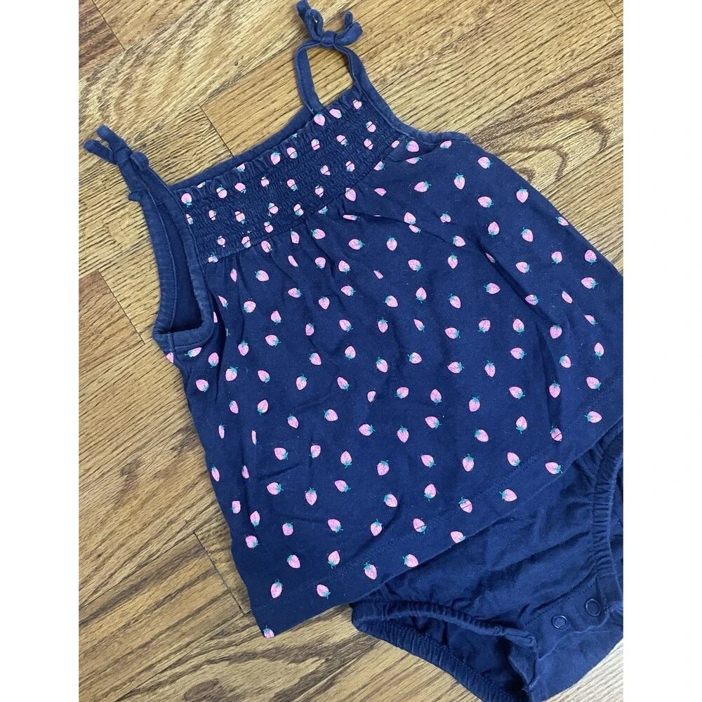 Carter's Strawberry Pink Cotton AOP Romper Ruffle Smocked Baby Girl 12 Months